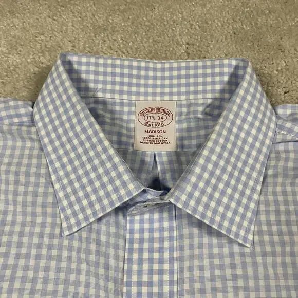 Brooks Brothers Shirt Mens 17.5 34 Madison Non Iron Gingham Check Dress Shirt - Picture 2 of 8